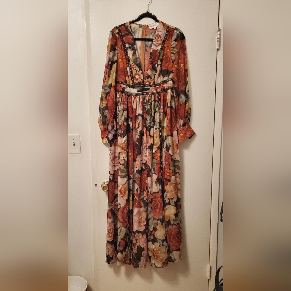Full length V cut long sleeve dress